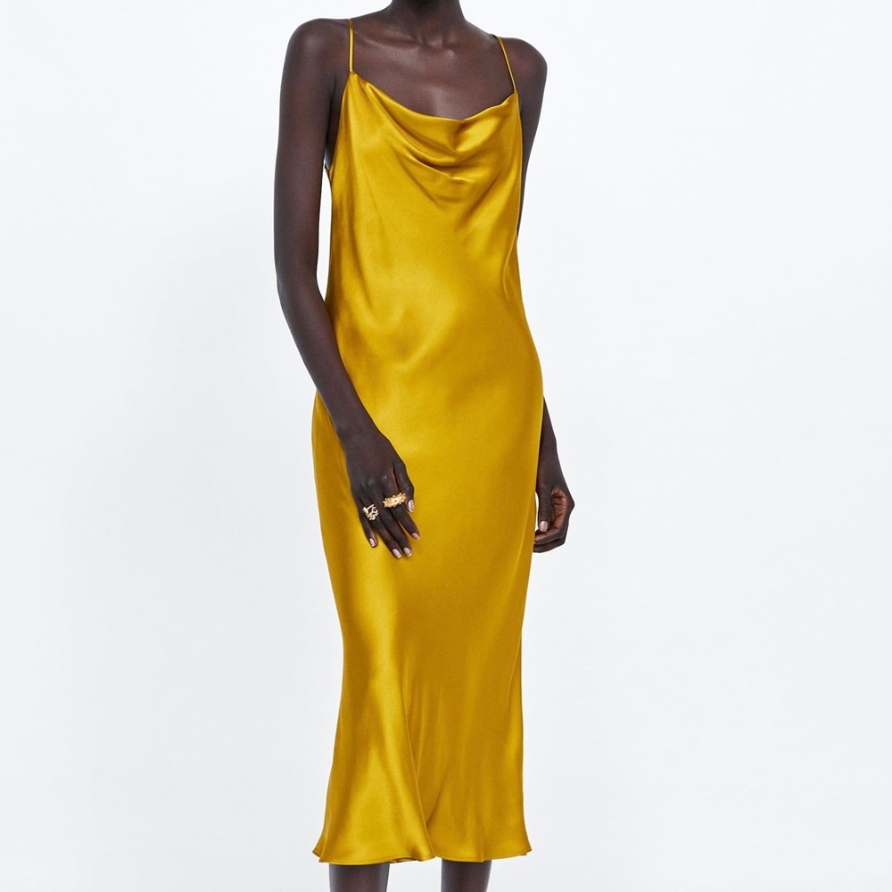 Zara Dress | Gold Silk Slip Dress Cowl Neckline
